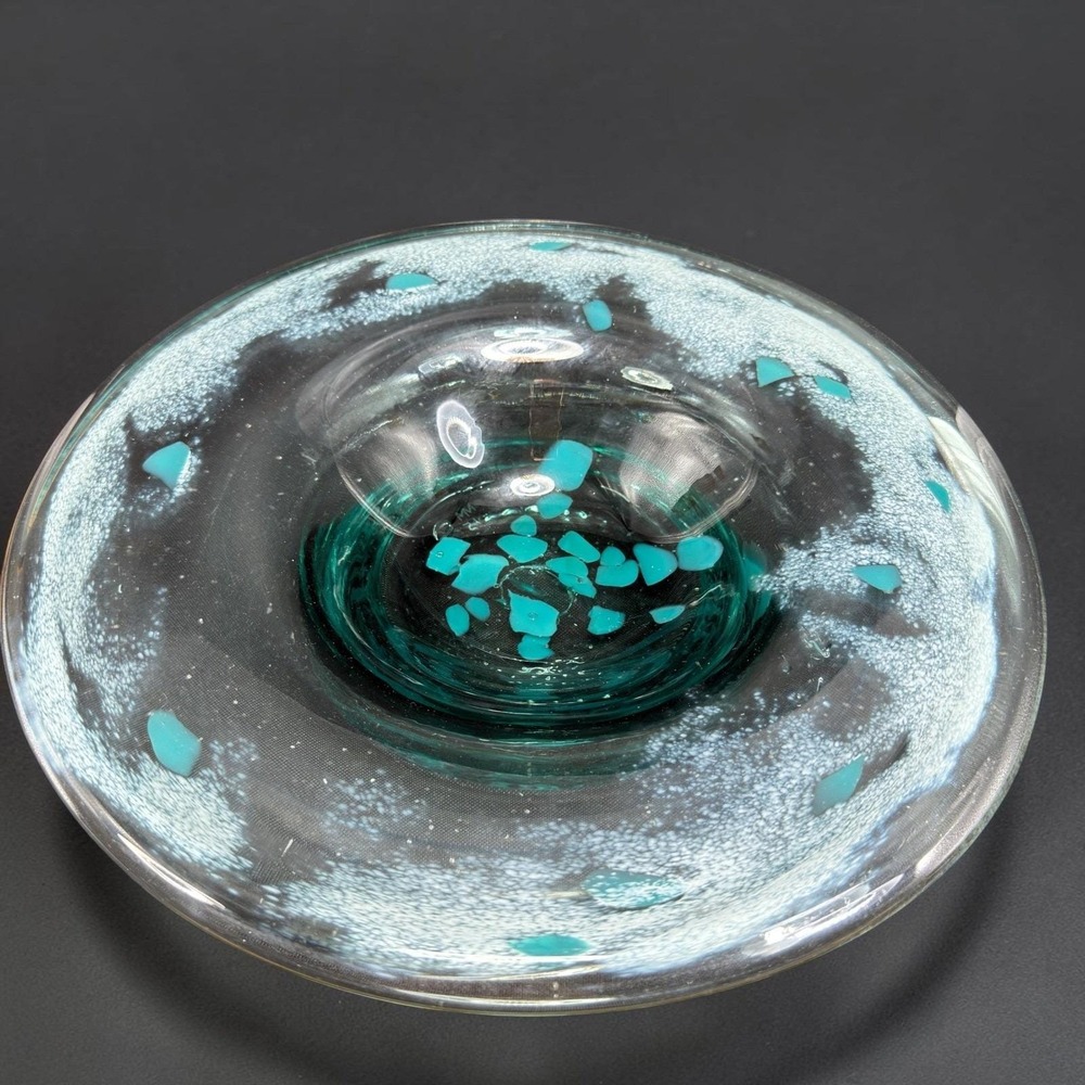 Hand Blown Studio Art Glass Bowl Turquoise Teal Signed MM 15 Heavy 11.5inch VTG